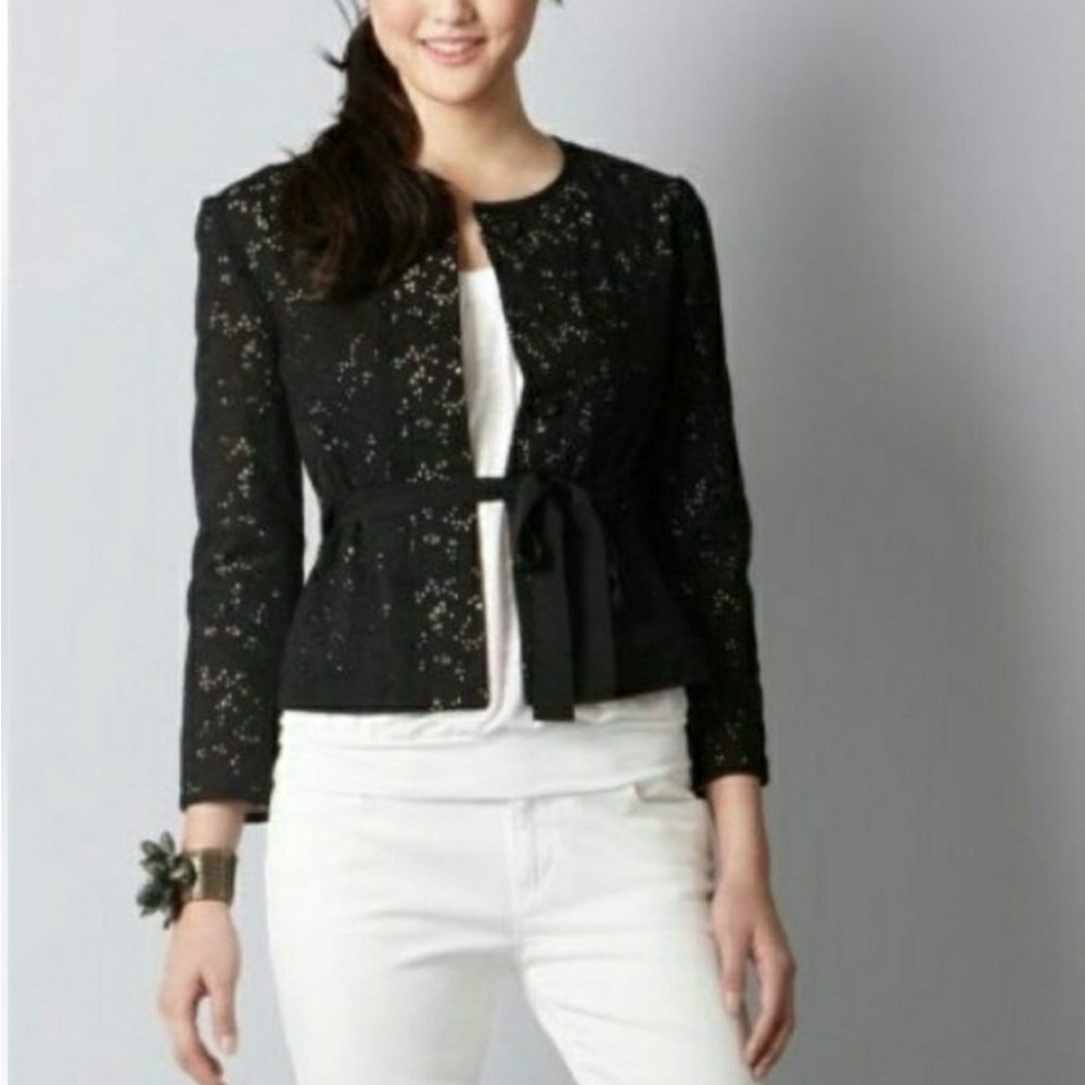 Ann Taylor Loft Black Eyelet Lined 100% Cotton BLAZER Belted 6P